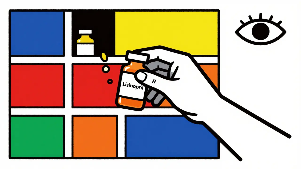 Arm pulling a pill bottle from a compartment as an identical one falls behind, symbolizing hidden duplicate prescriptions.