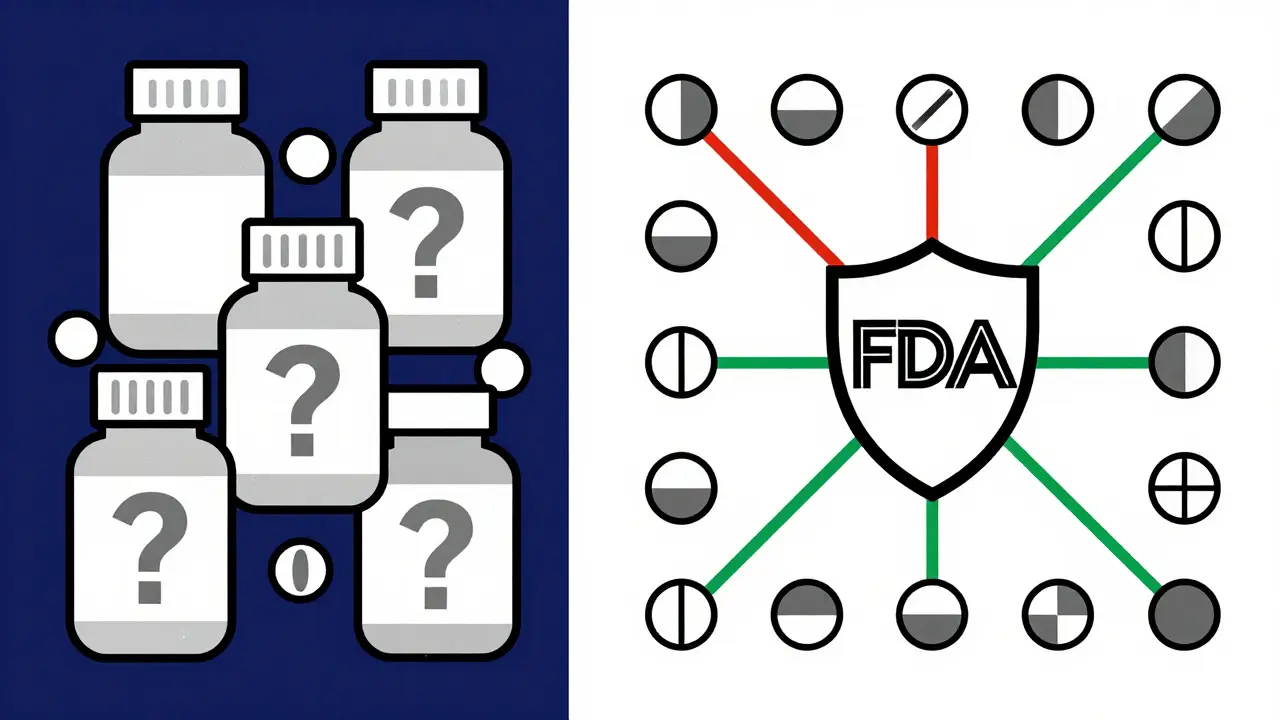 Chaotic pills on left, organized safe regimen on right, connected to FDA shield in bold colors.