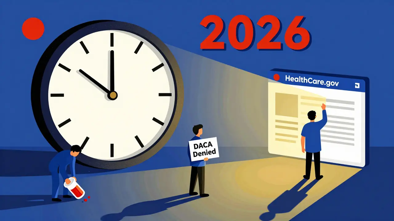 Clock ticking to 2026 casting shadows over people losing healthcare access, in bold primary colors