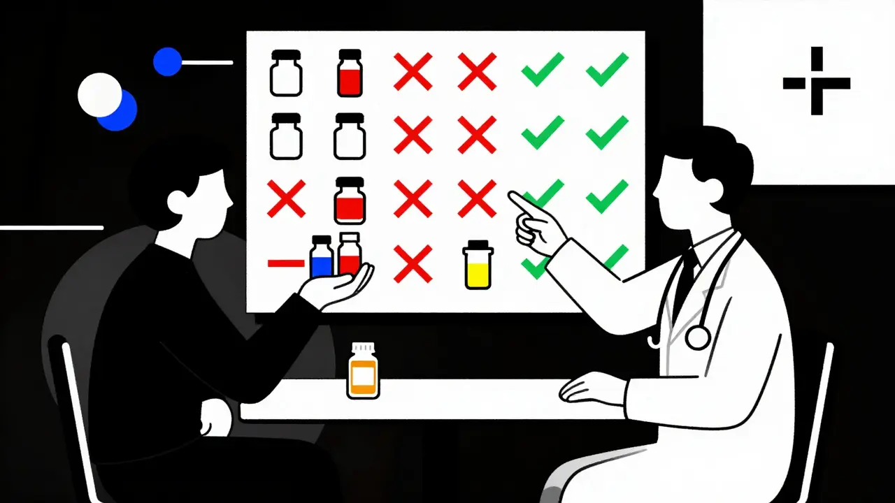 Doctor and patient reviewing medication icons on a grid, with red Xs marking duplicates in De Stijl style.