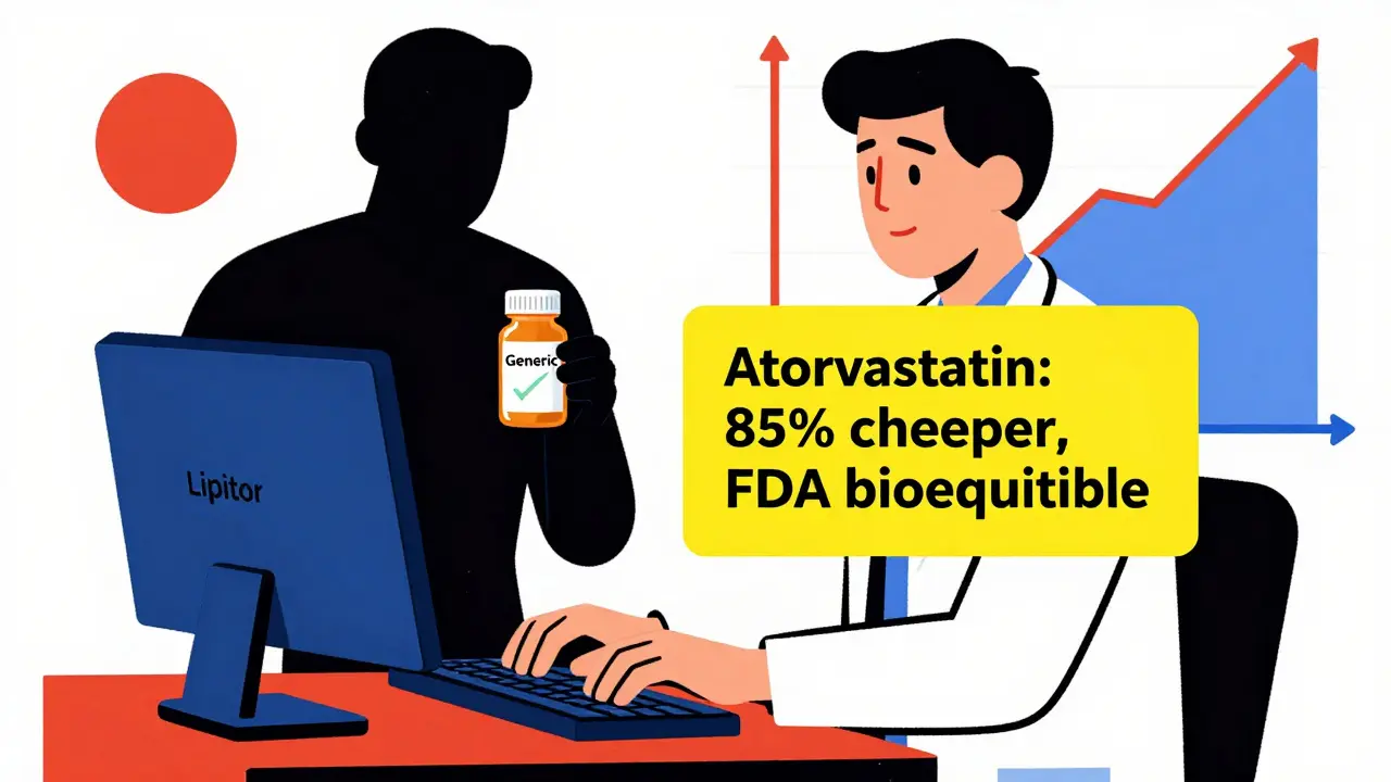 Doctor at computer sees generic drug alternative pop up in minimalist yellow box