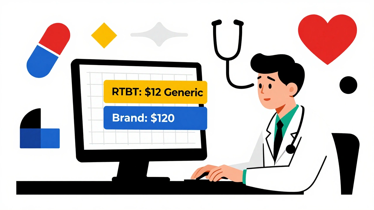 Doctor viewing a real-time cost comparison tool on a screen with primary color blocks.