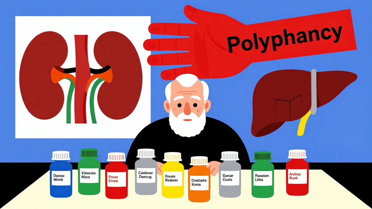 Elderly person surrounded by nine colored pill bottles, with a looming red hand casting a warning shadow.