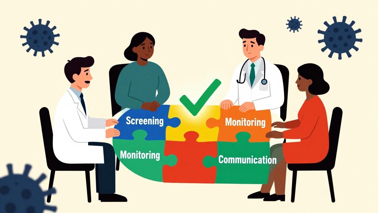 Medical team and patient solving a puzzle of cancer monitoring, with safe treatment symbolized by a glowing checkmark.