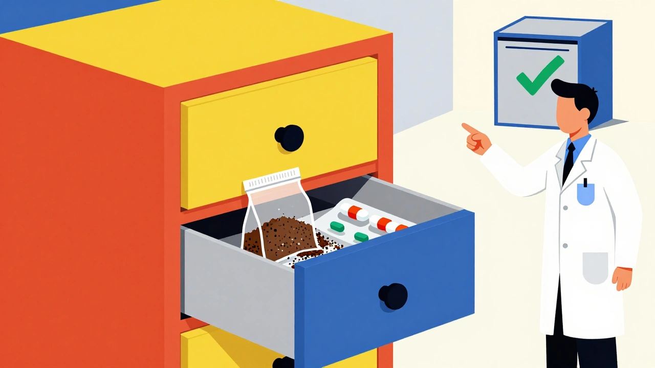 Medicine cabinet with expired pills in coffee grounds, pharmacist pointing to take-back kiosk