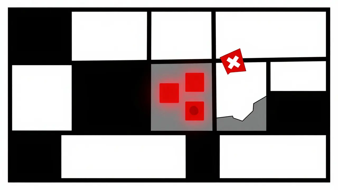 Minimalist MRI scan visualization with glowing red lesions on a geometric grid, symbolizing MS inflammation.