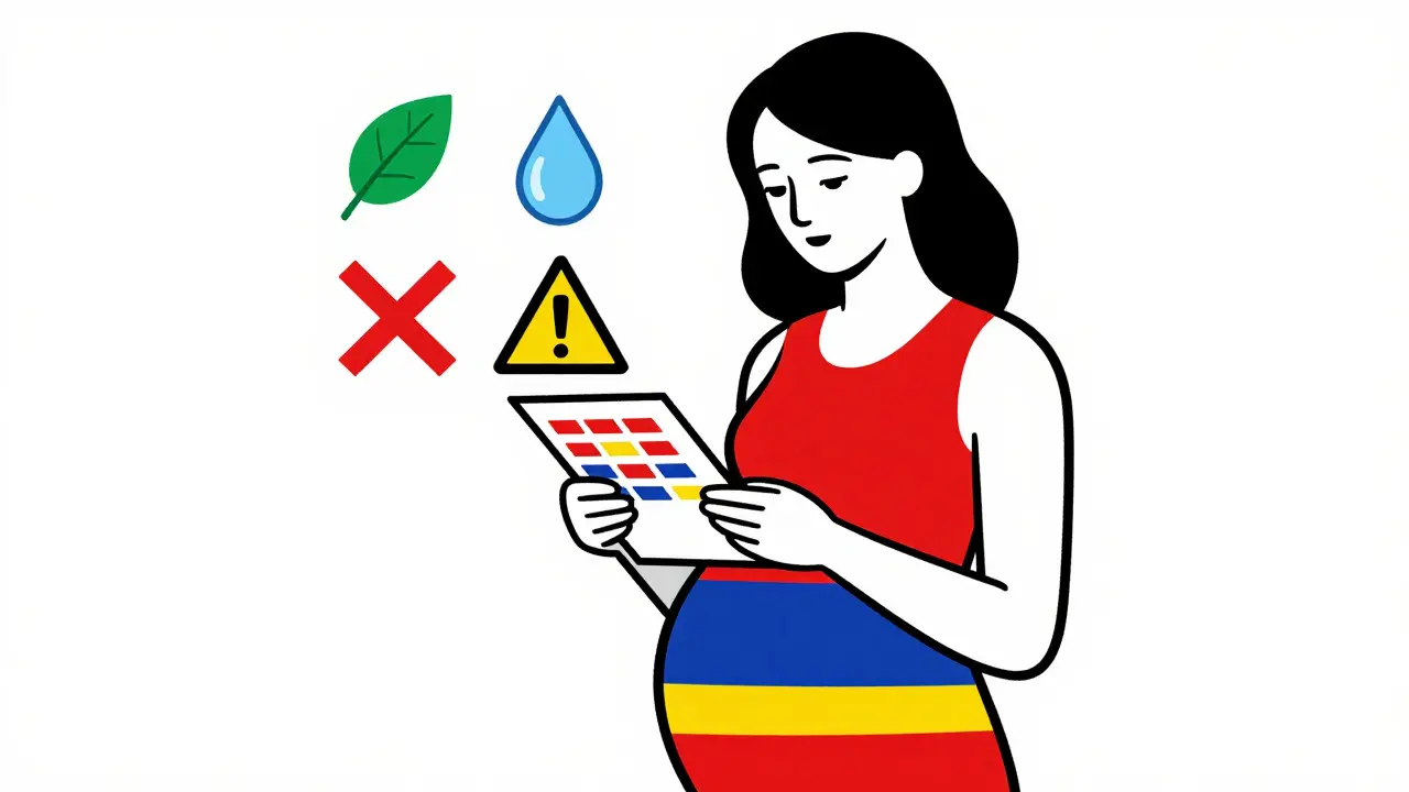 Minimalist pregnant woman holding a medication list with safe and risky items represented as colored rectangles in De Stijl style.