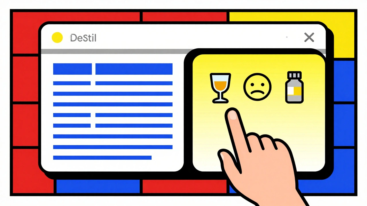 Patient portal screen showing coded medical terms and simple icons, with a hand reaching toward the plain-language side.