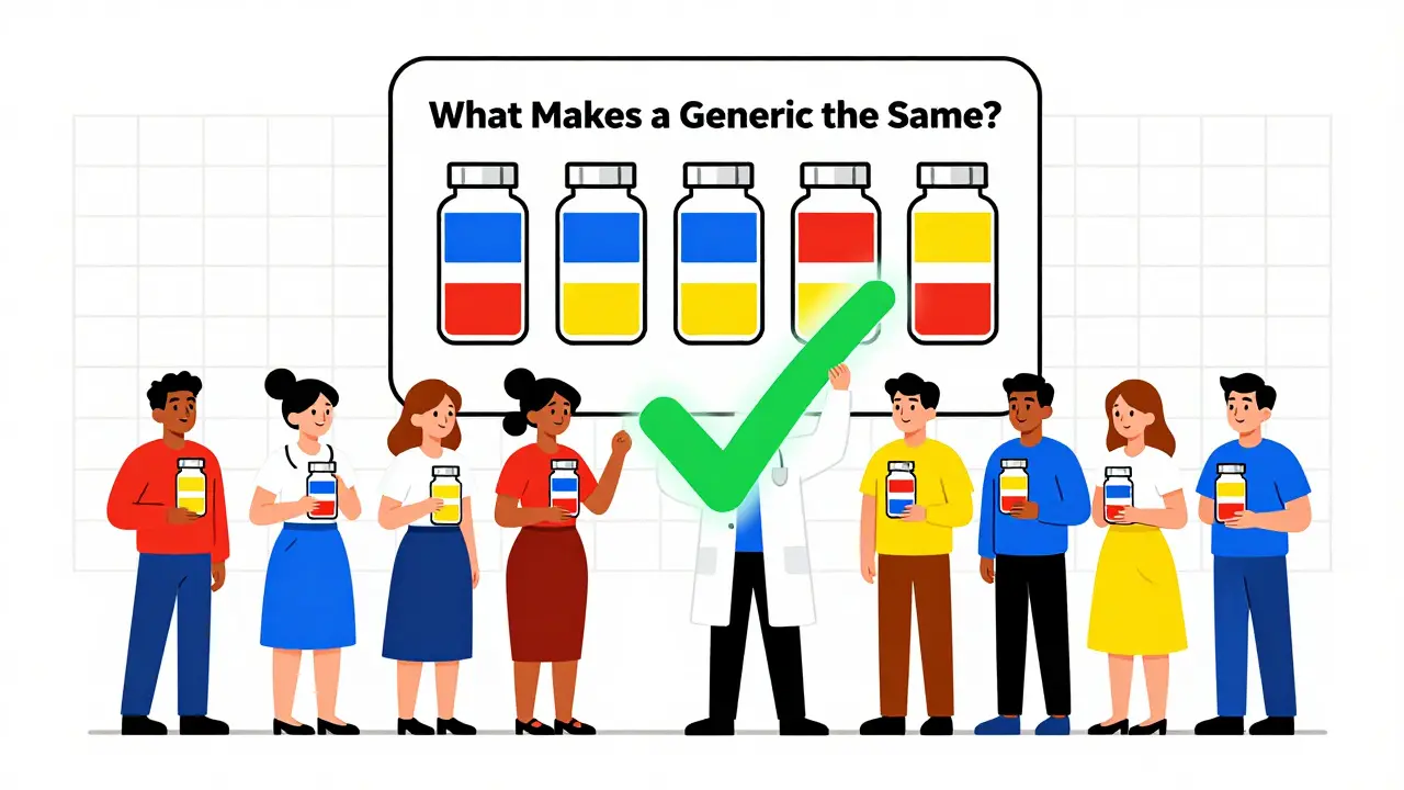 Patients hold pill bottles as doctor displays a simplified infographic on generic drug equivalence.