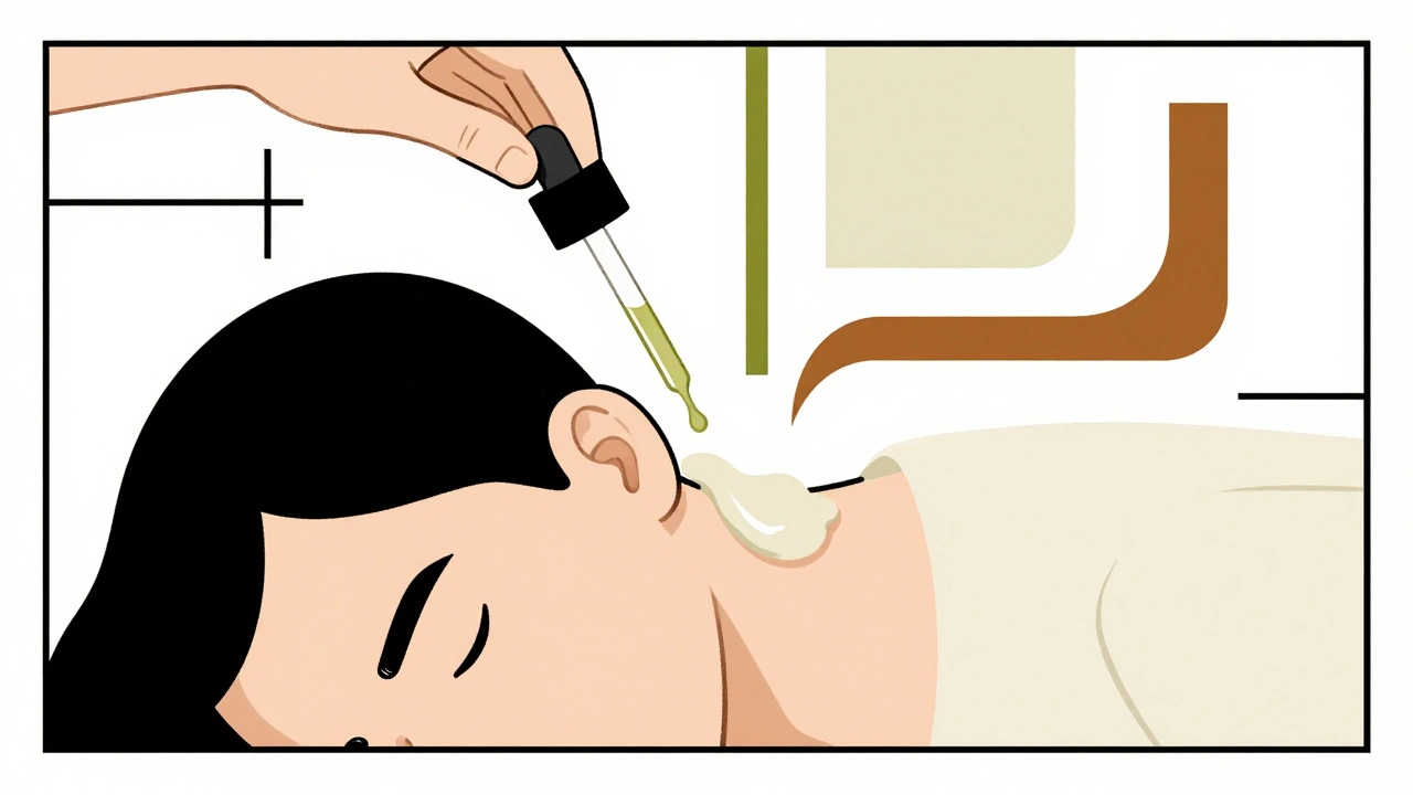 Person lying down as mineral oil flows into ear in abstract style