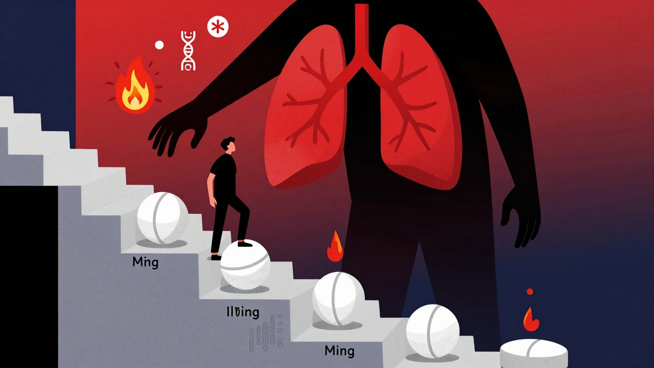 Person on escalating pill staircase with shadow of respiratory depression above.