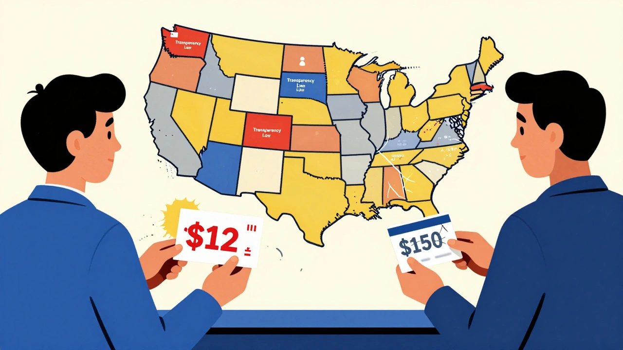 Pharmacy counter scene with cash and insurance pricing contrast in De Stijl abstract style.