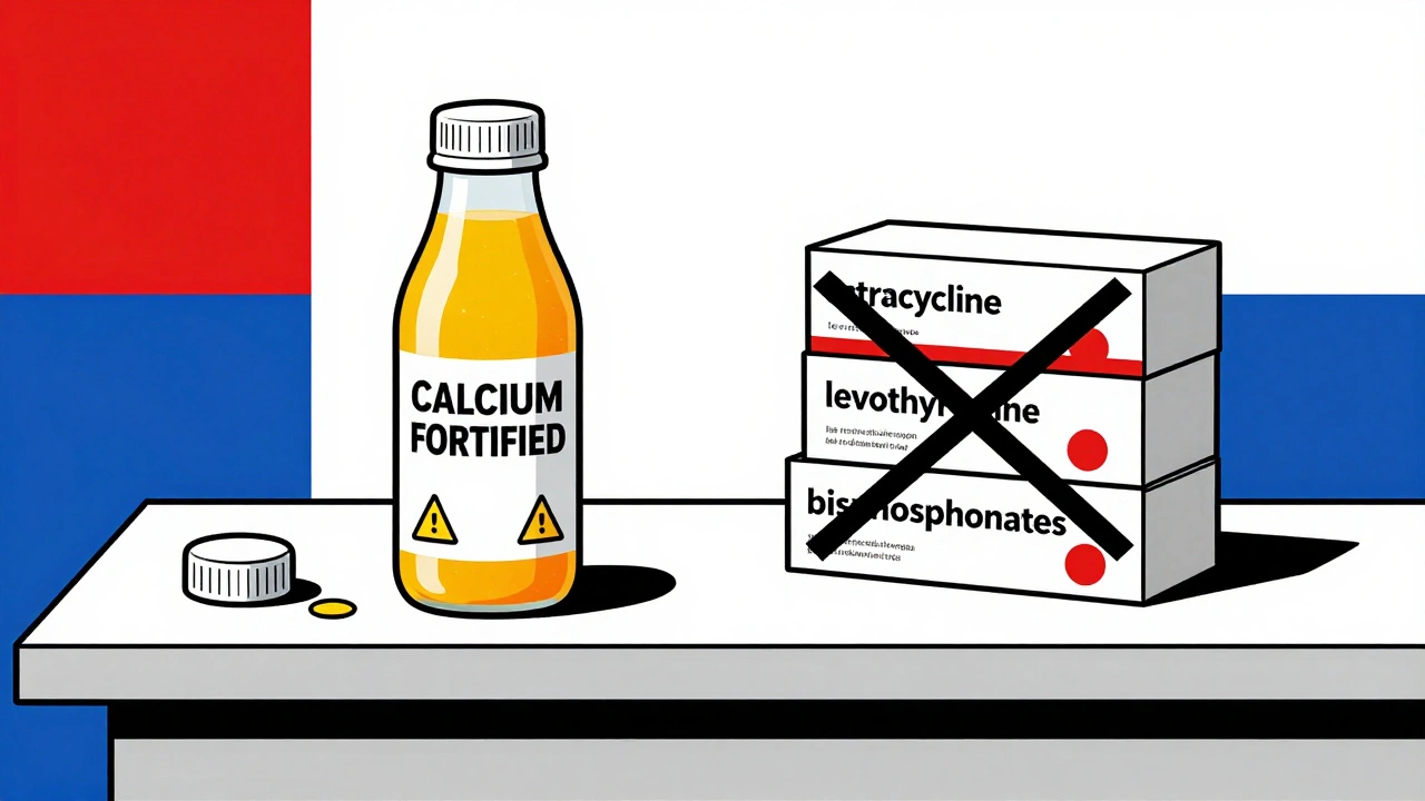 Pharmacy counter with calcium juice leaking warnings, medications crossed out in De Stijl abstraction