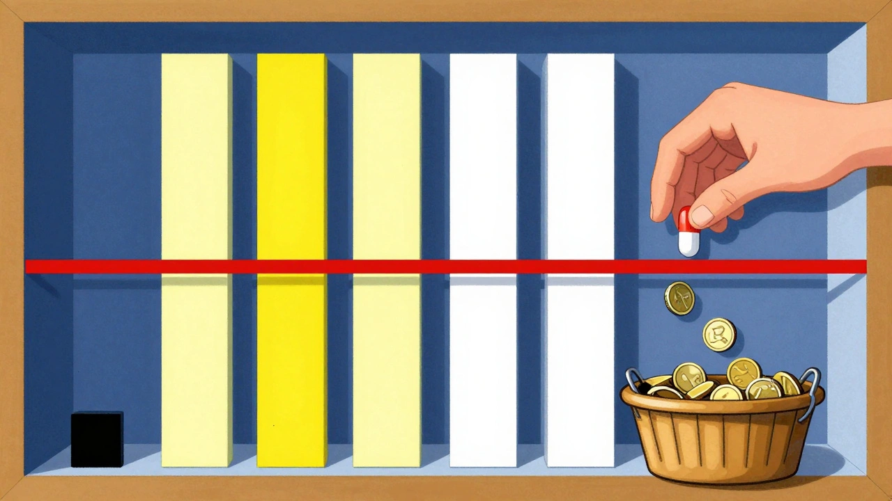 Pharmacy shelf with capped generic drug prices in colored bands and falling coins.