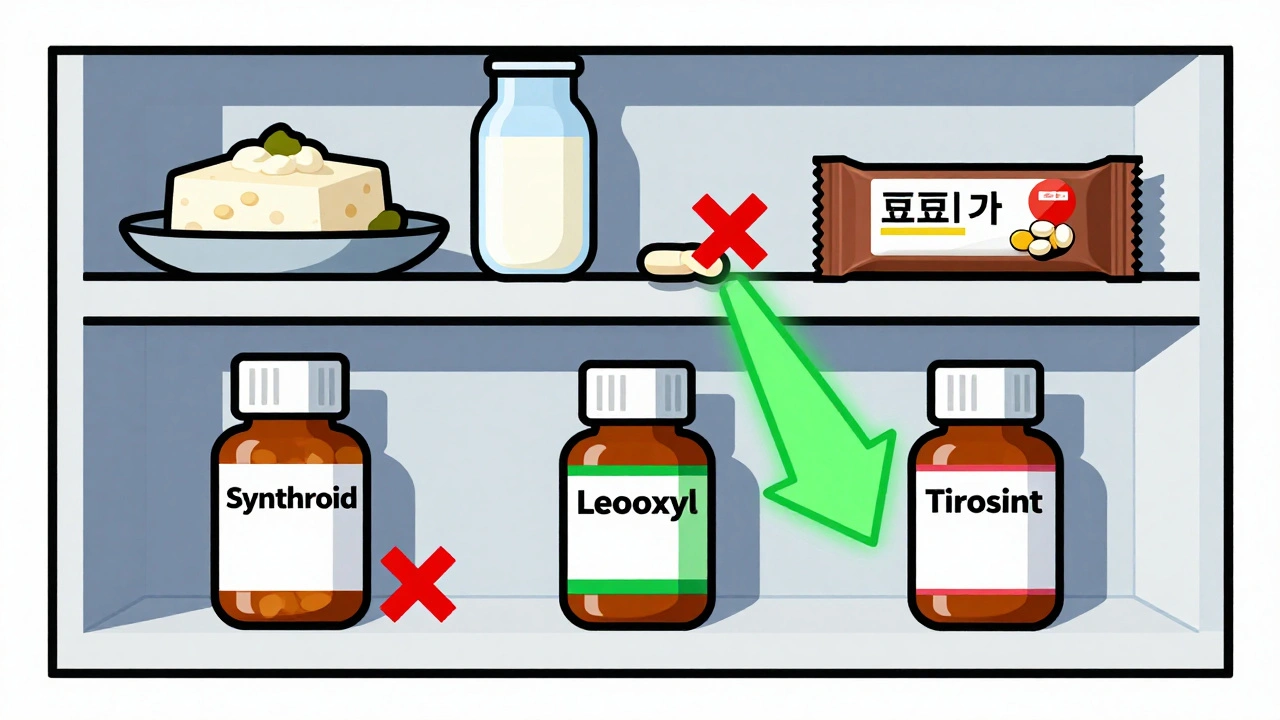 Pharmacy shelf with thyroid pills and soy products arranged in strict De Stijl geometric layout.