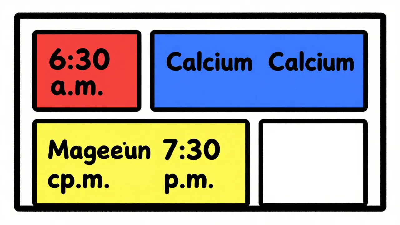 Pill organizer with colored compartments showing timed separation of thyroid med and magnesium.