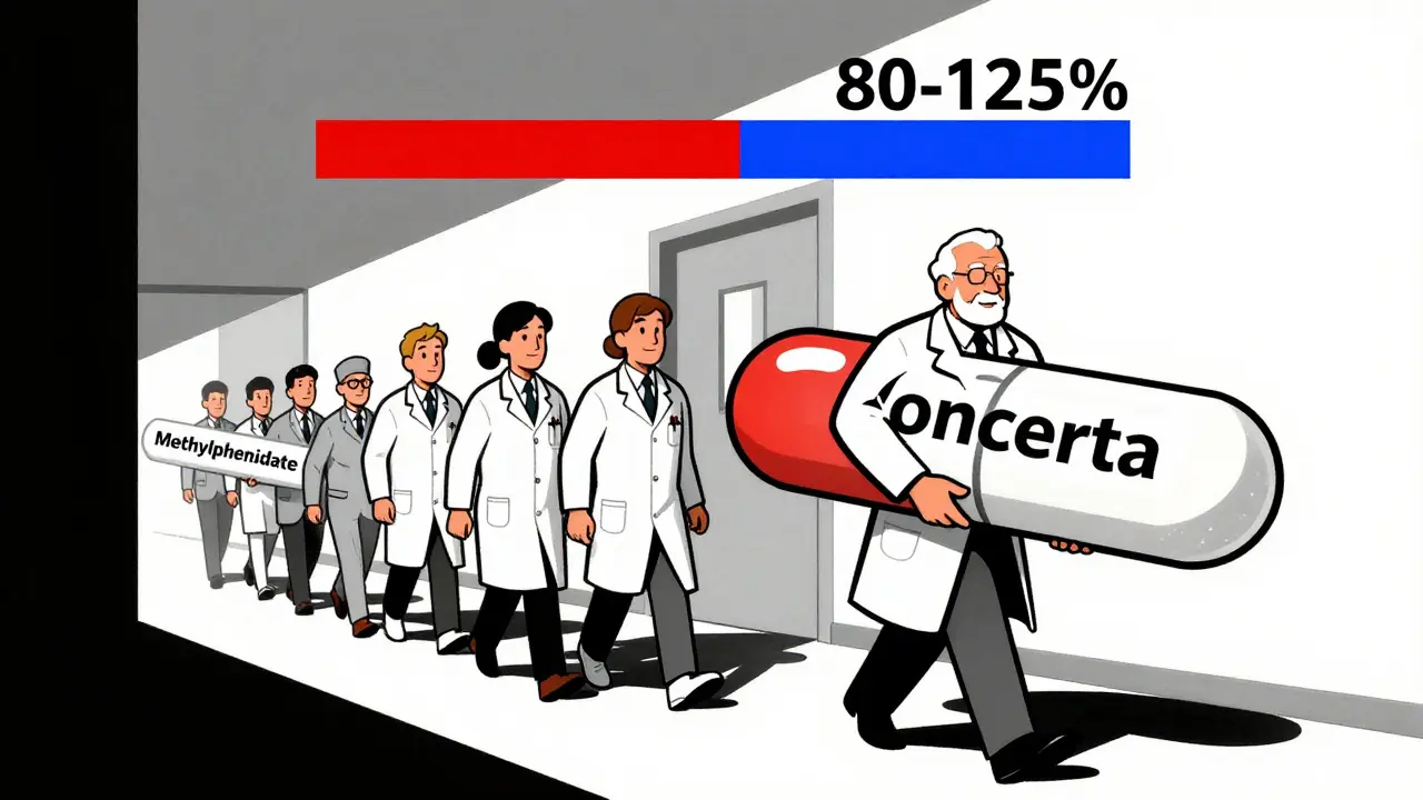 Residents follow senior doctor carrying brand-name pill while generics fade behind