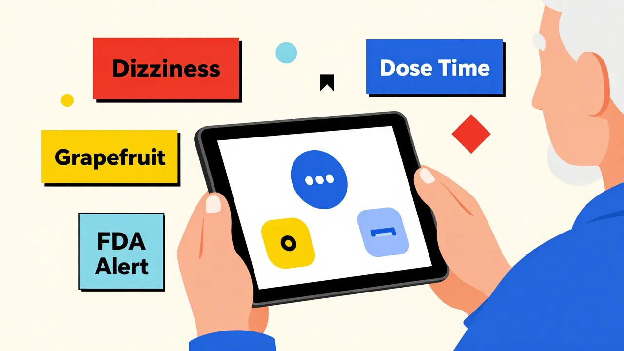 Senior using tablet with large icons for medication apps, guided by a caregiver's hand.