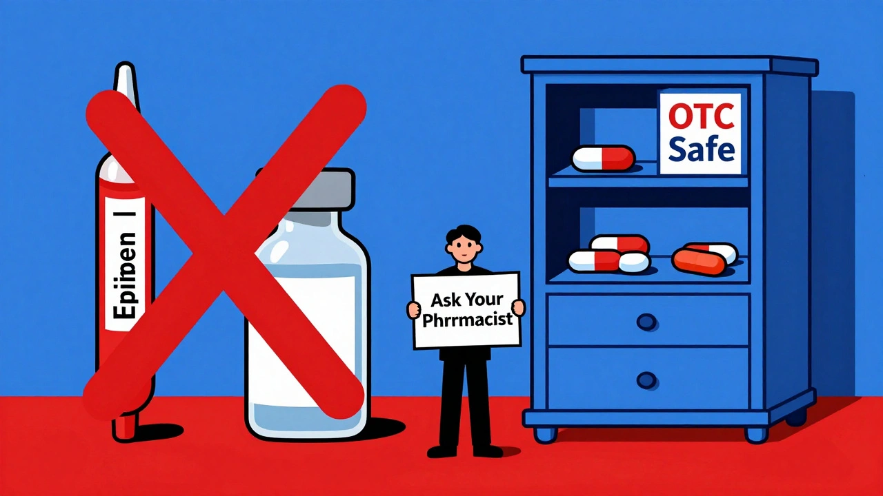 Split image: dangerous expired meds on left, safe OTC on right, bold geometric colors