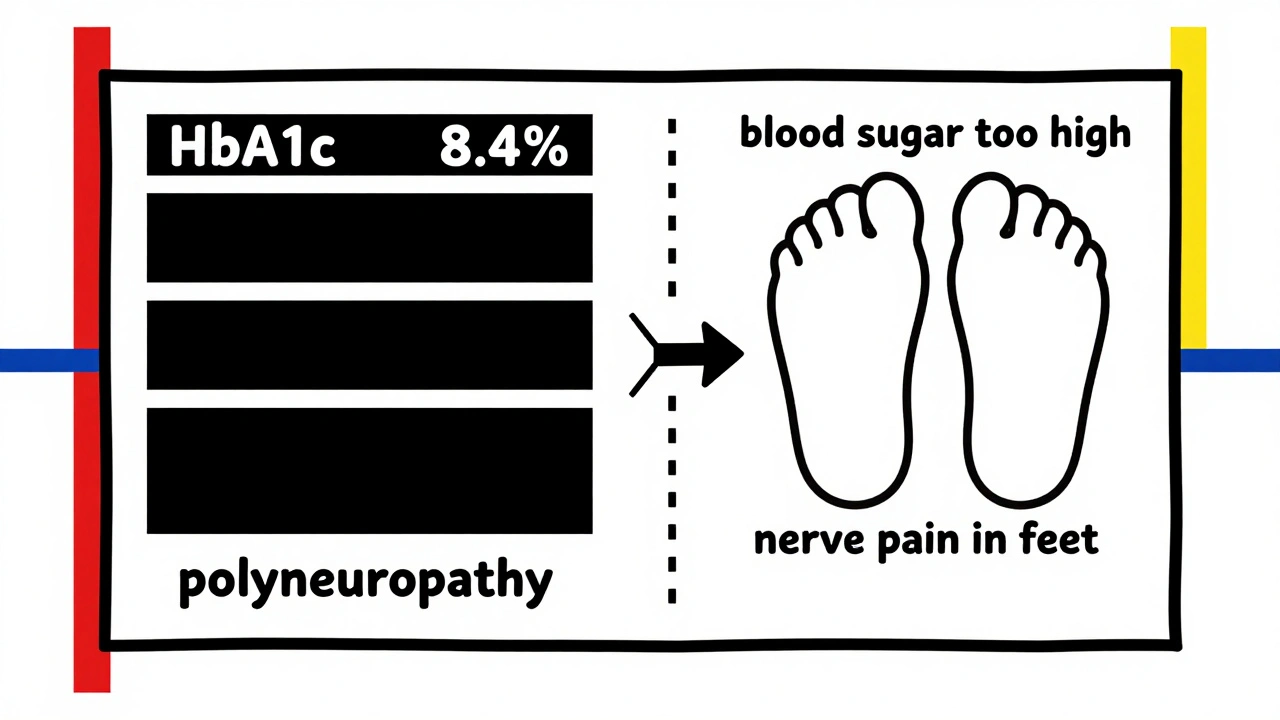 Split medical chart with coded terms on one side and plain language on the other, in bold geometric colors.
