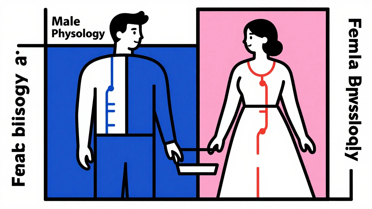 Split portrait of male and female figures with geometric drug pathways, showing different body responses in primary colors.