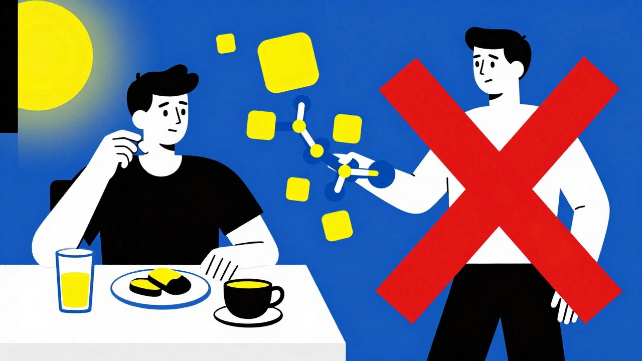 Split scene: breakfast with juice and pills versus failed treatment, stylized with bold lines and primary colors