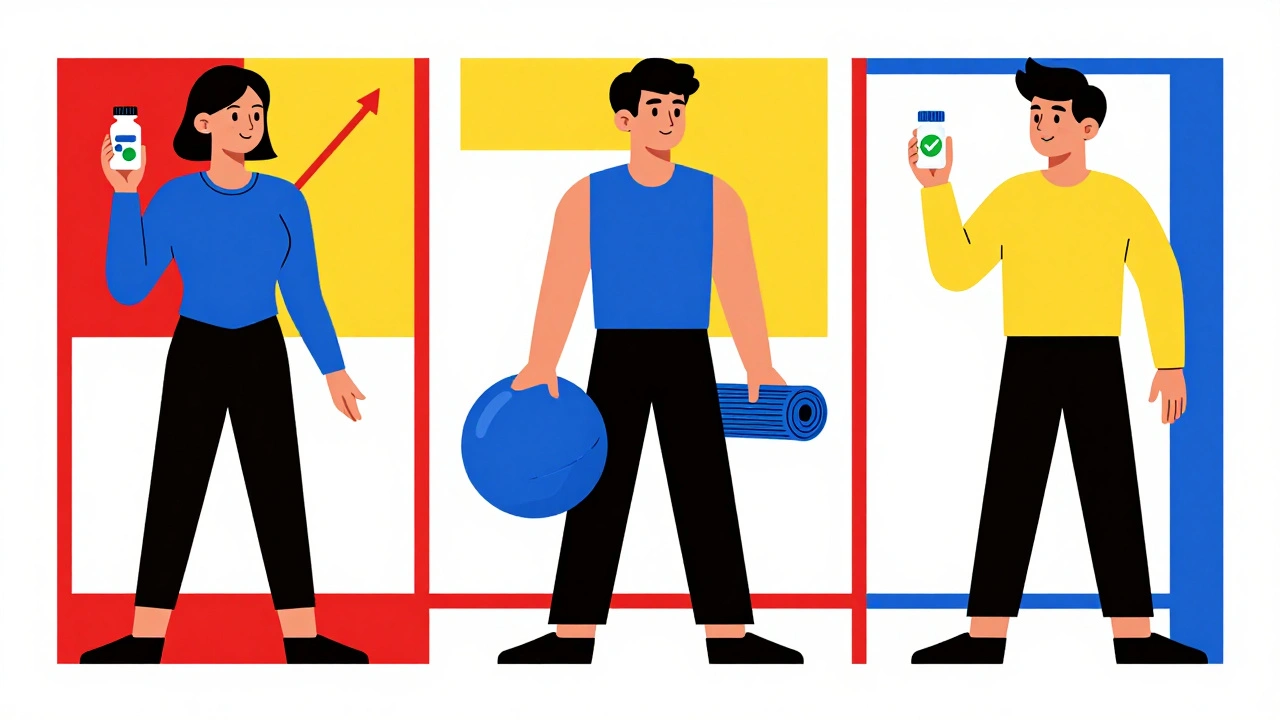 Three figures representing opioid use, non-drug therapy, and naloxone in De Stijl style.