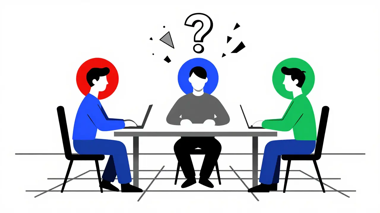 Three figures with colored halos in a meeting, surrounded by fractured question marks and a collapsing grid.