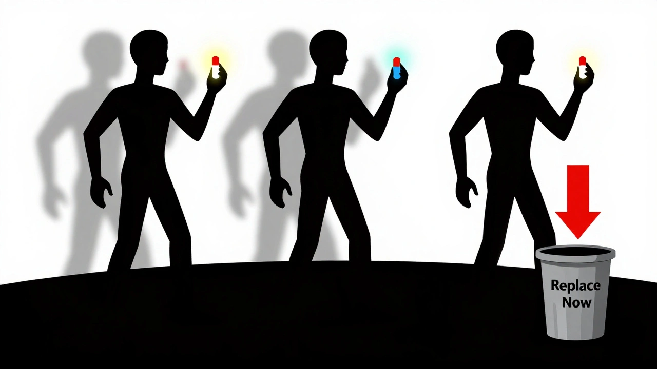 Three silhouettes holding medications at the edge of an abyss, with a red arrow pointing to a trash bin.