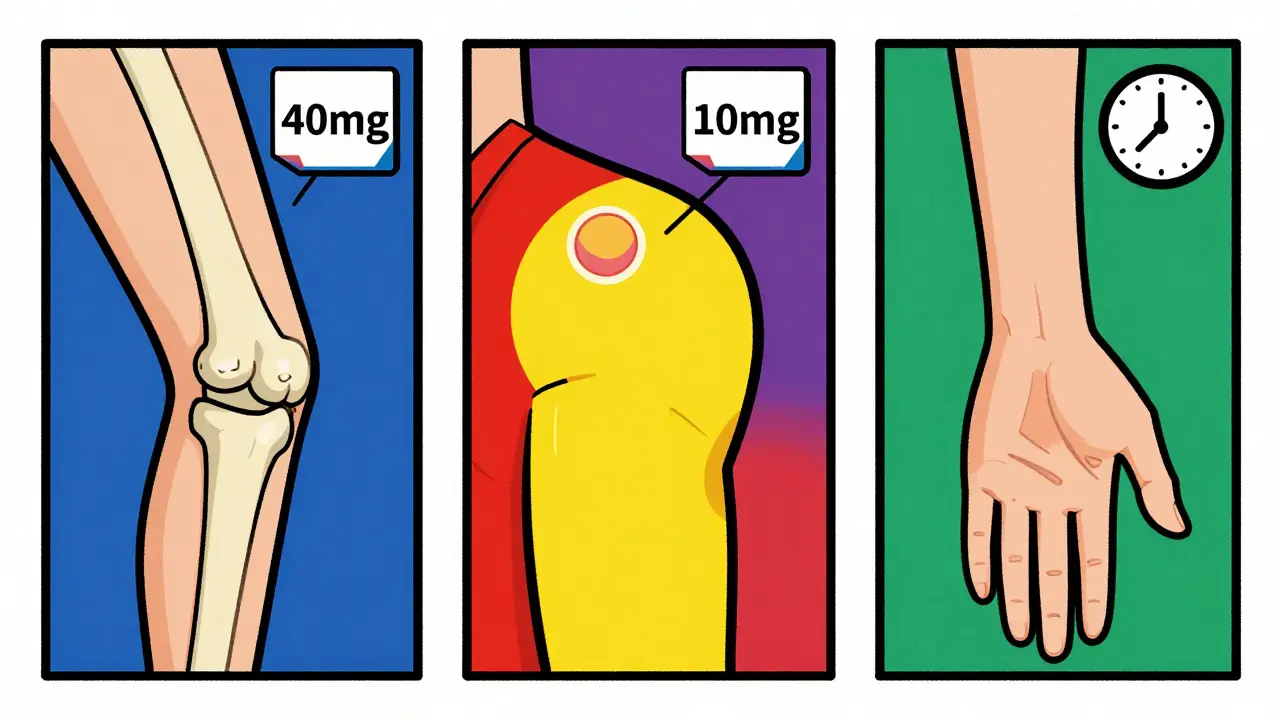 Three simplified joints with labeled corticosteroid doses in De Stijl style, shown in rectangular panels with a time icon.