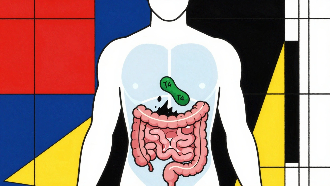 Transparent human torso with black soy shapes blocking a green hormone molecule in abstract grid.