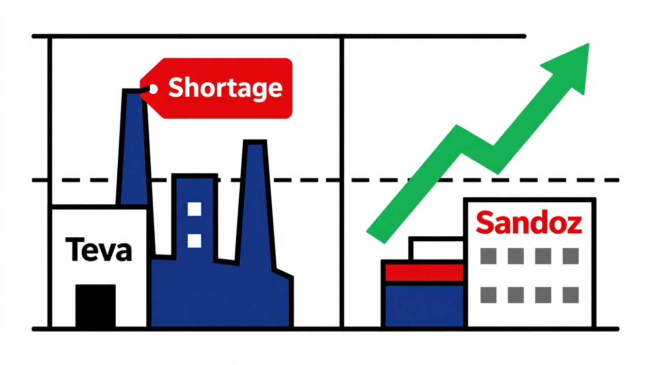Two factories: one with shortage warning, one thriving, in De Stijl abstract style.