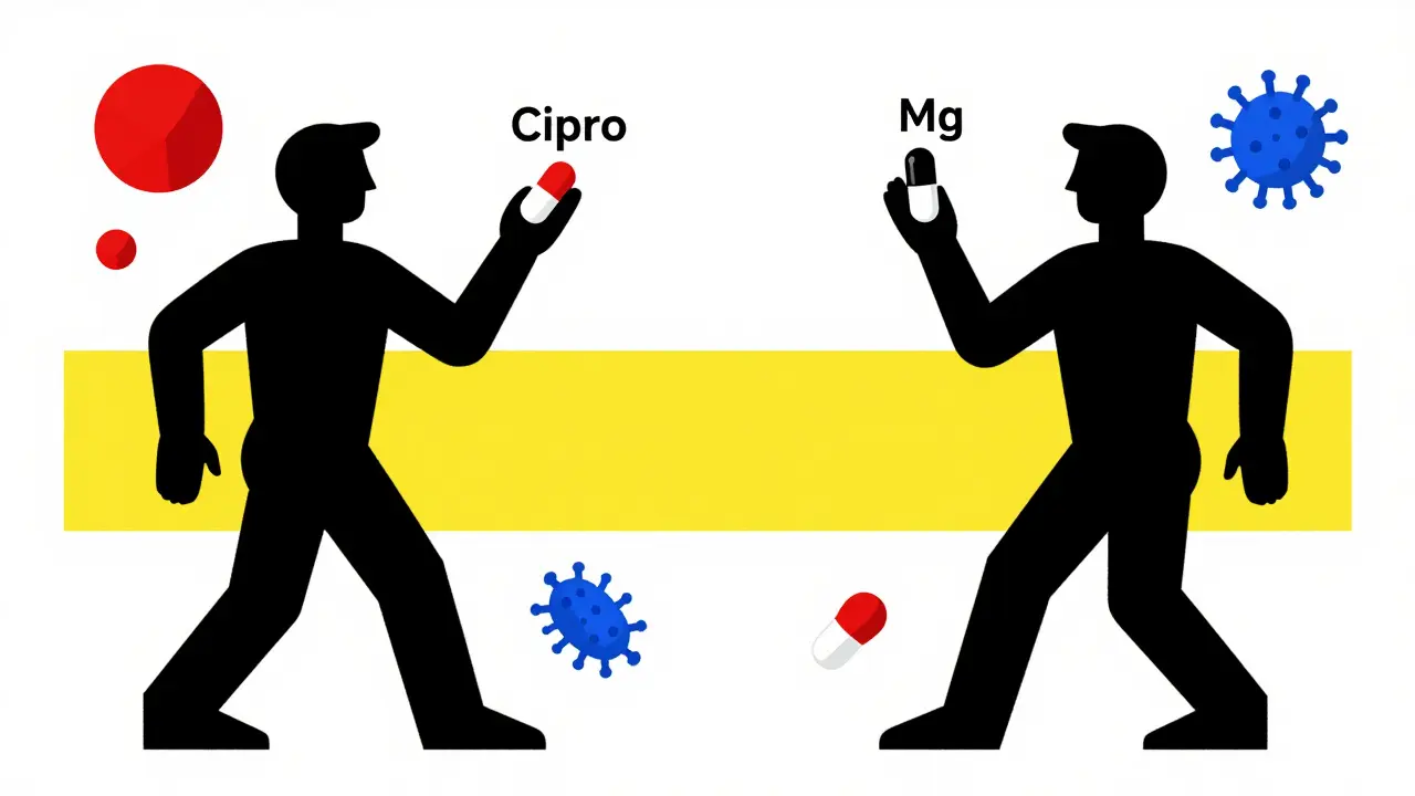 Two figures taking antibiotic and magnesium at different times with a time band between them.