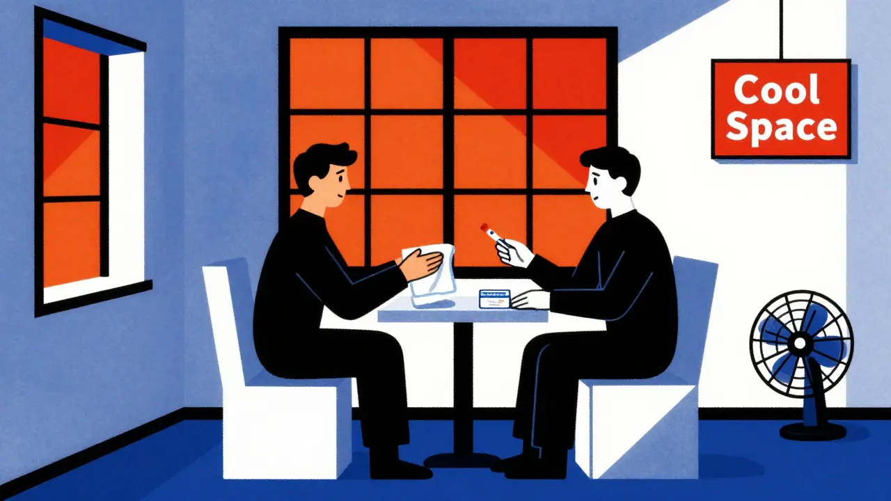 Two people in a cool library exchanging a cooling towel and naloxone kit.