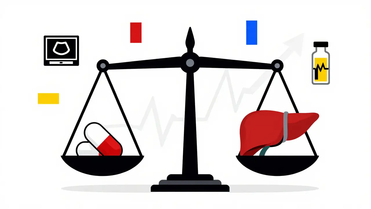 A balanced scale with pill and liver, in primary colors and clean lines, symbolizing equilibrium.