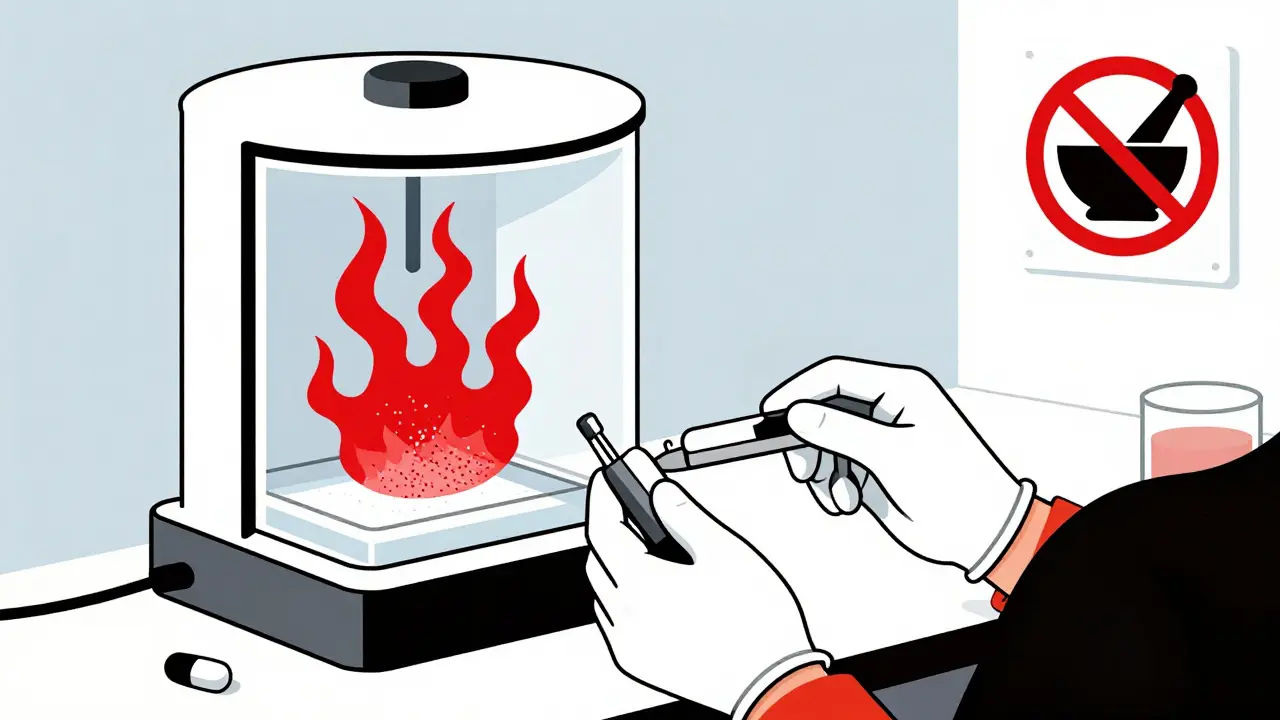 A caregiver using a sealed crusher to safely pulverize a pill, with toxic fumes contained inside the device.