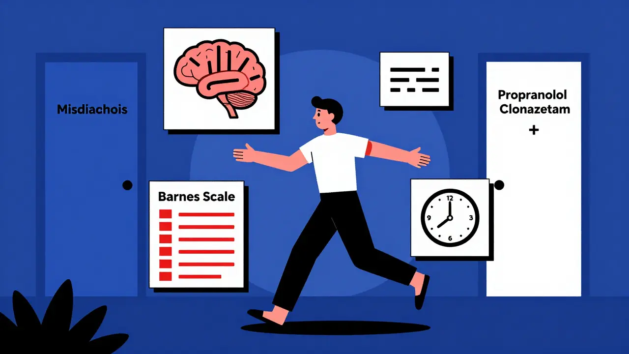 A figure mid-motion surrounded by diagnostic panels showing brain pathways, assessment tools, and treatment labels in De Stijl geometry.