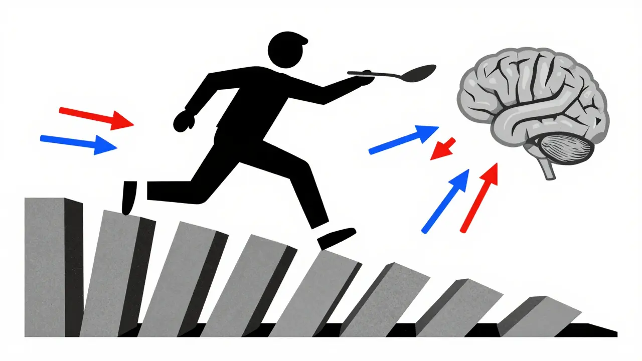 A figure reaching for a spoon mid-step over tilted rectangles, with erratic arrows showing disrupted brain-to-limb signals.