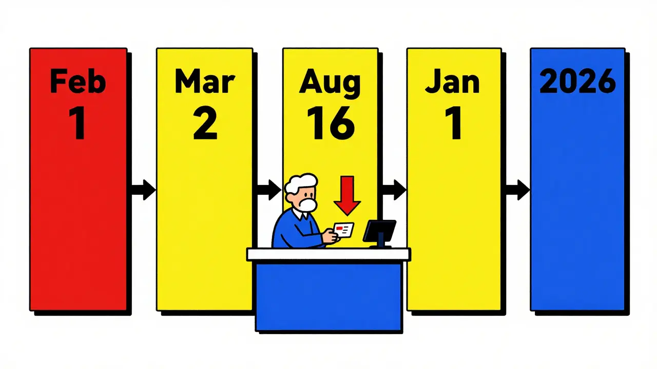 A geometric timeline showing key dates in Medicare drug price negotiation process.