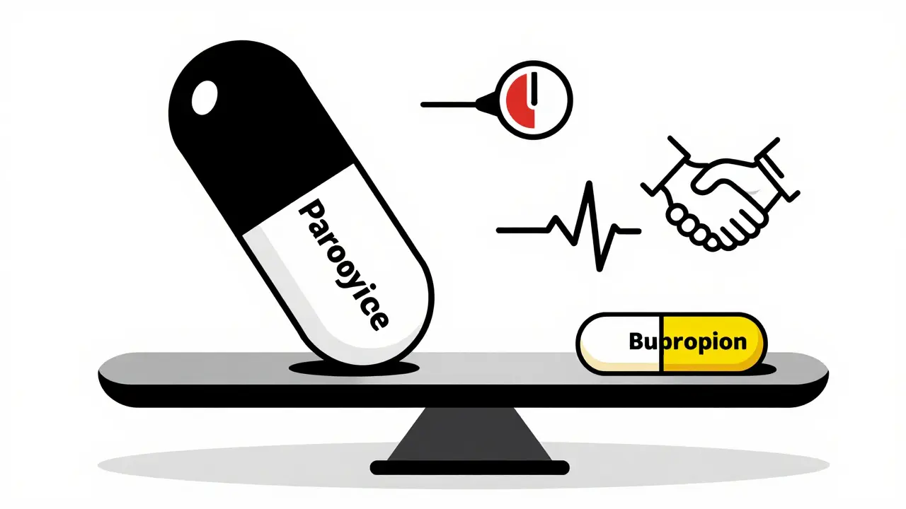 A medical scale tipping under Paroxetine versus balanced by Bupropion, with symbolic icons in De Stijl style.