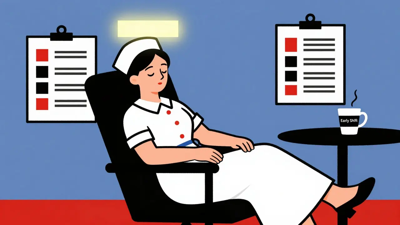 A nurse napping in a chair with a geometric light shape above their head, next to a checklist and a coffee cup, rendered in De Stijl style.