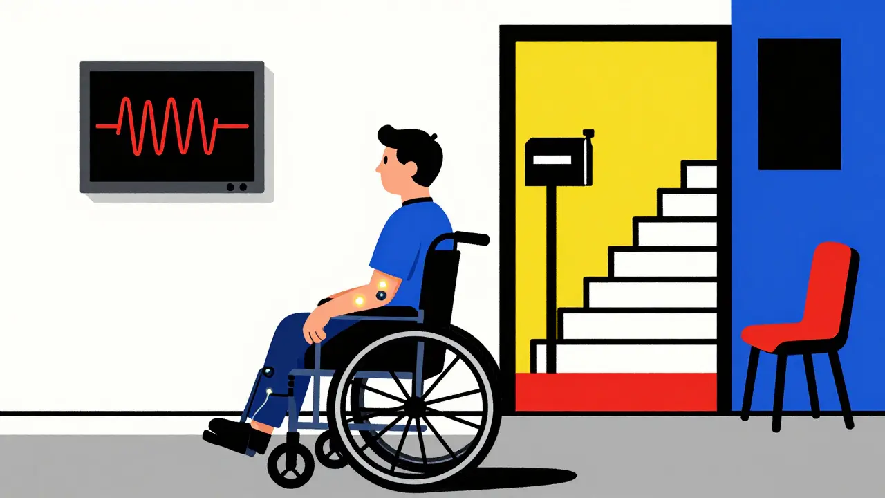 A person with sensors on limbs facing a biofeedback screen, with a doorway to daily life activities in bold geometric colors.