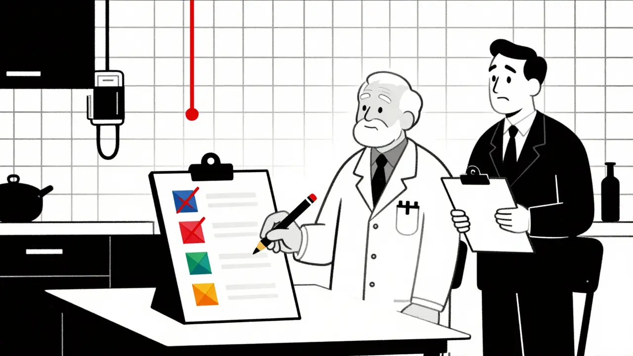 A senior crossing off risky medication icons at a table with doctors, under a blood pressure monitor.