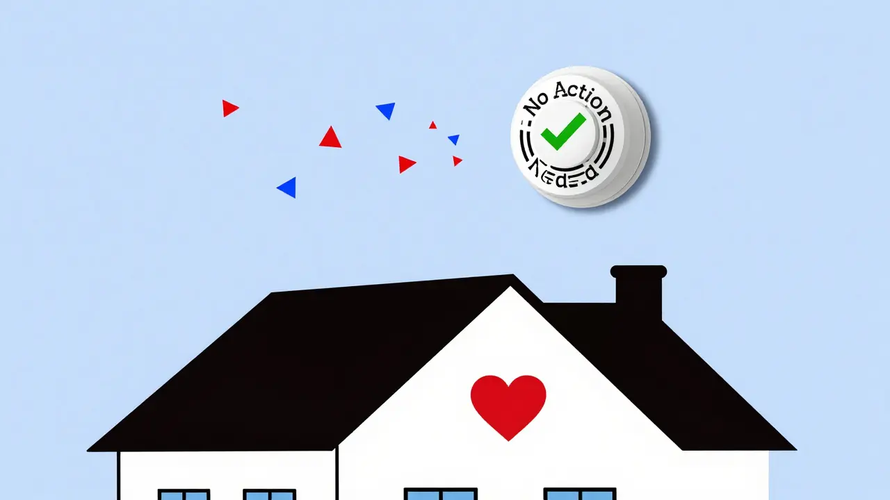 A smoke alarm releasing enzyme shapes, with a heart and green checkmark in abstract design.