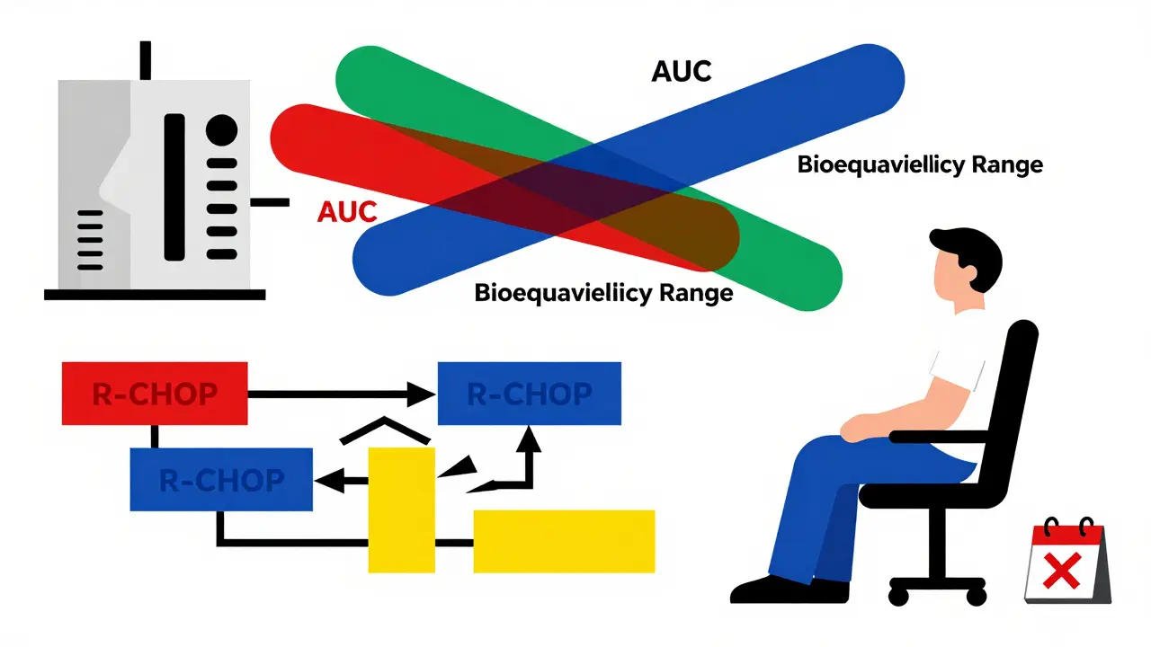 Abstract machine projects distorted bioequivalence data above a patient, with fractured R-CHOP flowchart in primary colors.
