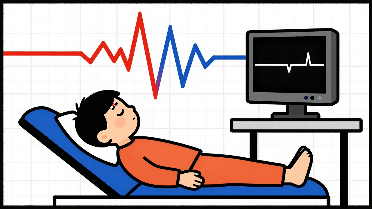 Child sleeping with electrodes as abstract sound waves rise to an ABR waveform display.