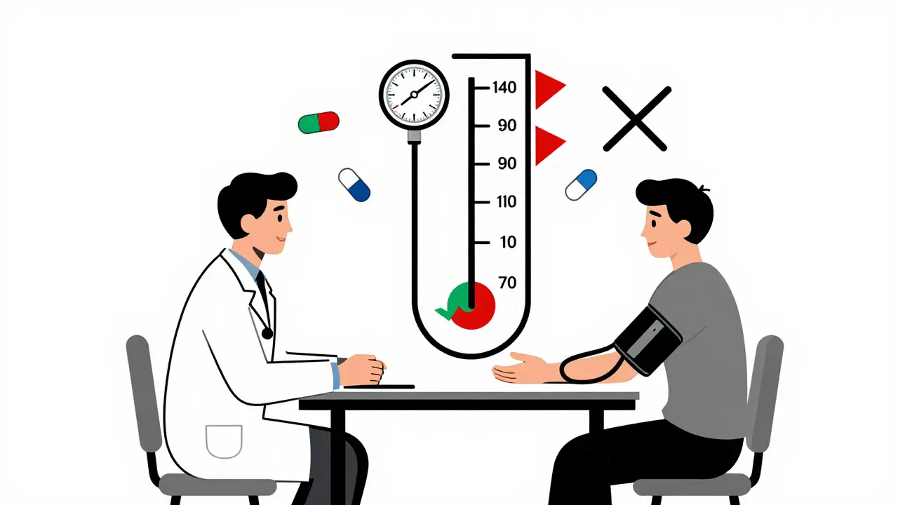Doctor and patient at a table with a split blood pressure gauge and medication icons, one crossed out.