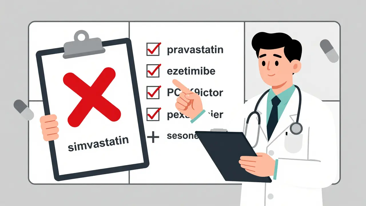 Doctor pointing to safer cholesterol alternatives in a minimalist clinic setting with geometric icons.