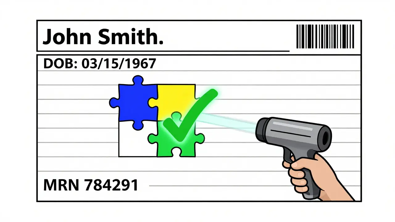 Fragmented patient record puzzle snapping together with barcode scan in De Stijl style