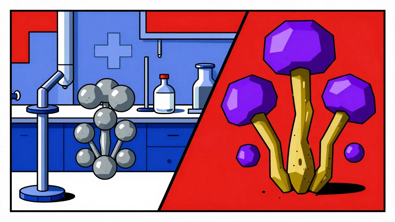 Fungal spores in lab setting showing drug failure vs synergistic breakthrough with bold De Stijl shapes.